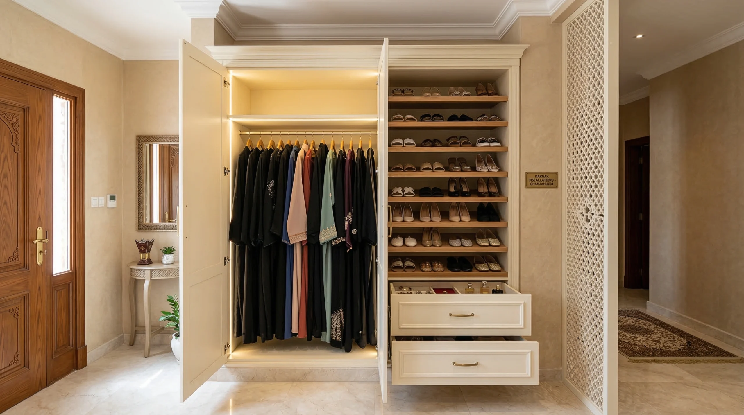 Custom fitted shoe rack combined with abaya hanging unit and accessories drawer in ivory, Sharjah UAE villa women's entrance