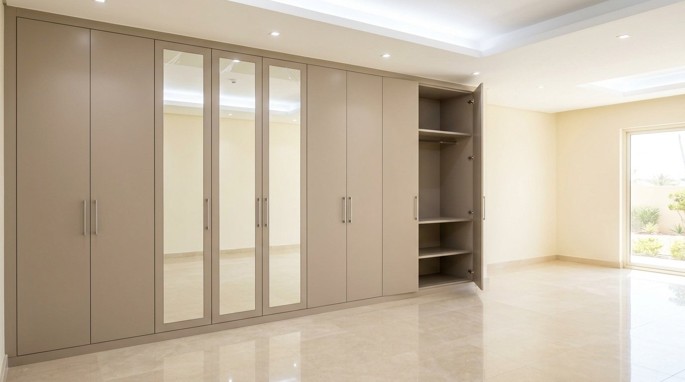 Freshly installed floor-to-ceiling fitted wardrobe in matte mushroom lacquer with mirror panels on final delivery day in a UAE villa by Karnak Carpentry