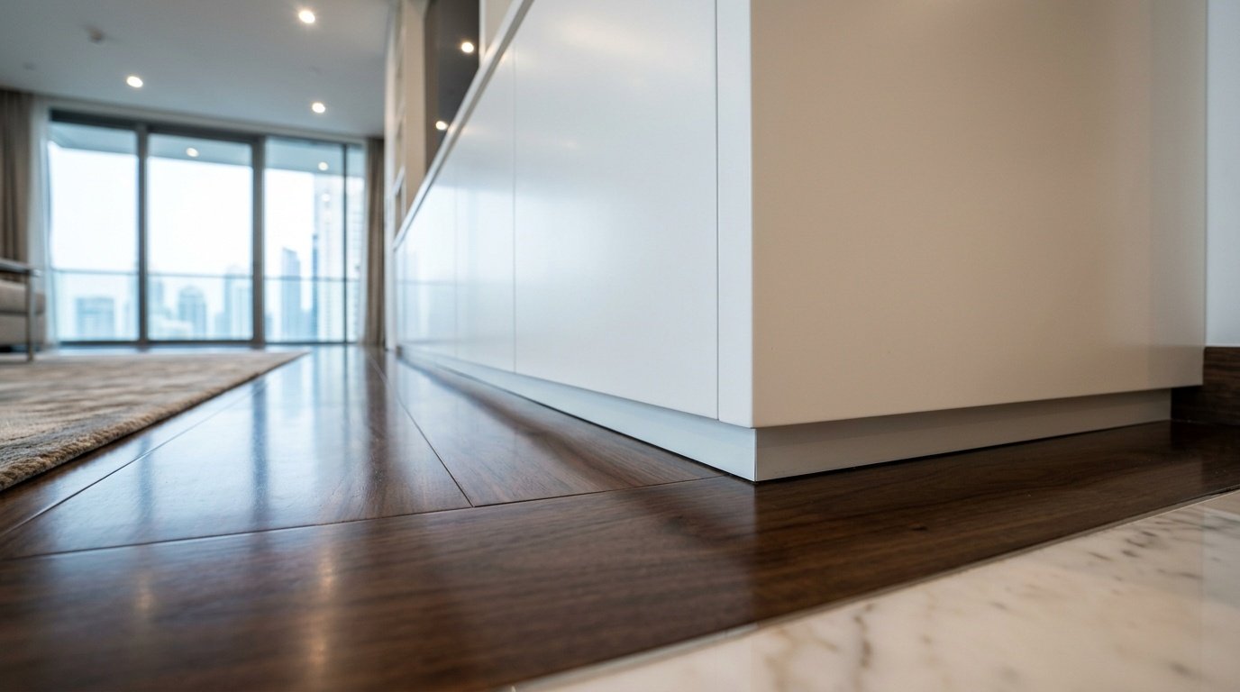 Pristine dark wood flooring finish and flawless seams under inspection lighting in an Abu Dhabi penthouse.