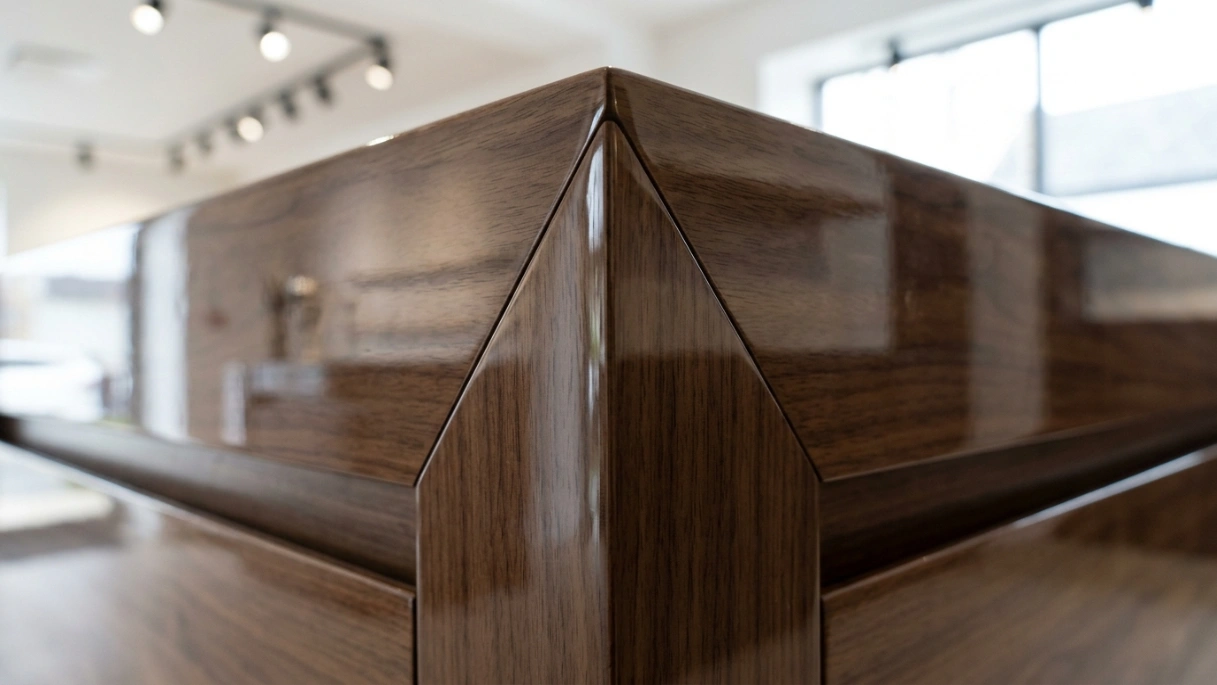 Close-up of a flawless miter joint and high-gloss finish on a completed retail counter corner.