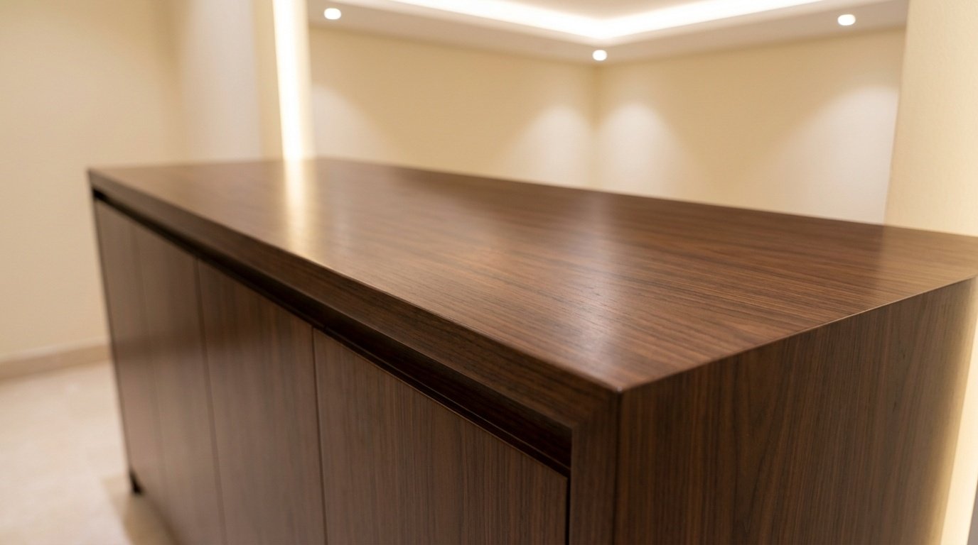 Flawless Satin Polyurethane Finish On A Newly Installed Custom Dining Cabinet.