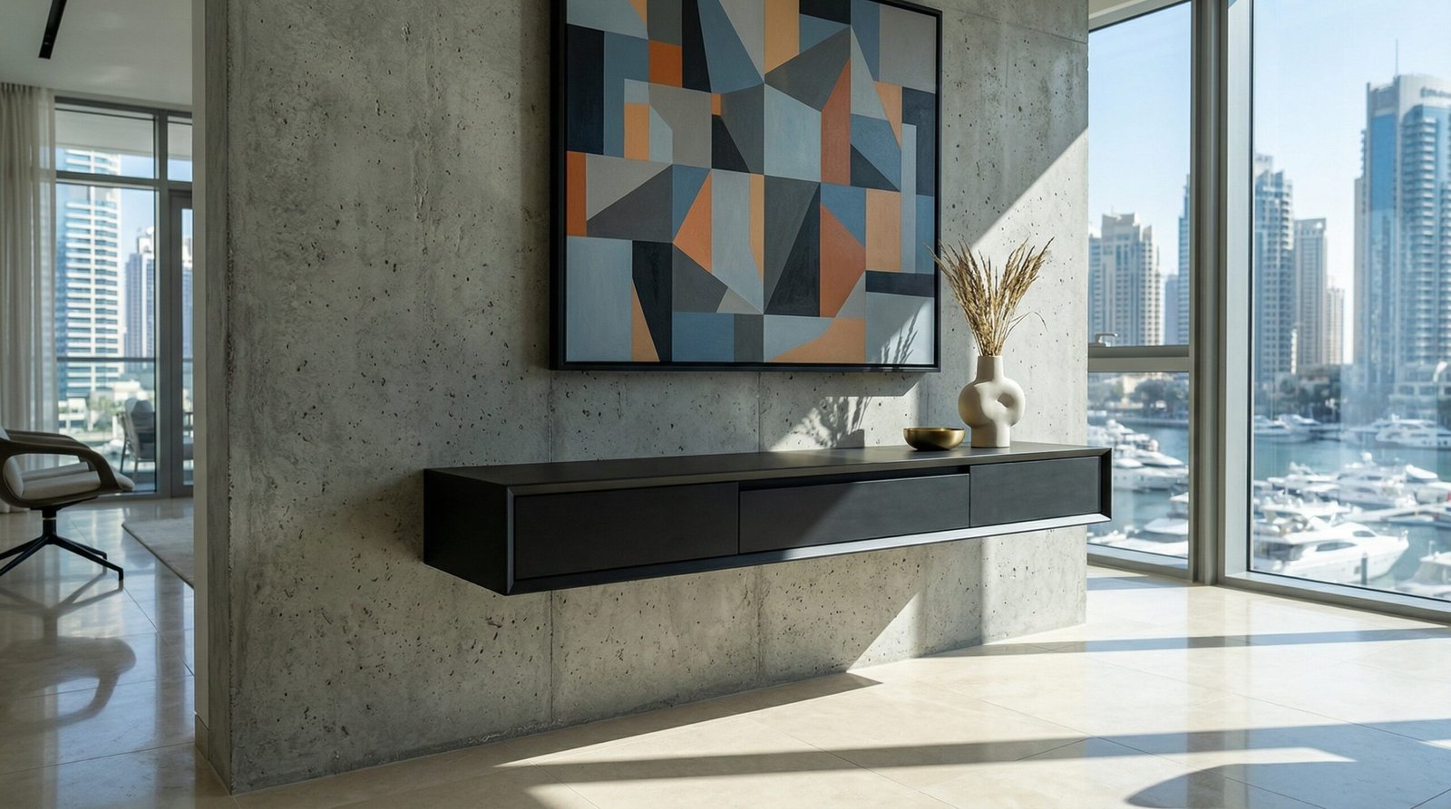 Floating matte black contemporary console table in a modern Dubai Marina apartment.
