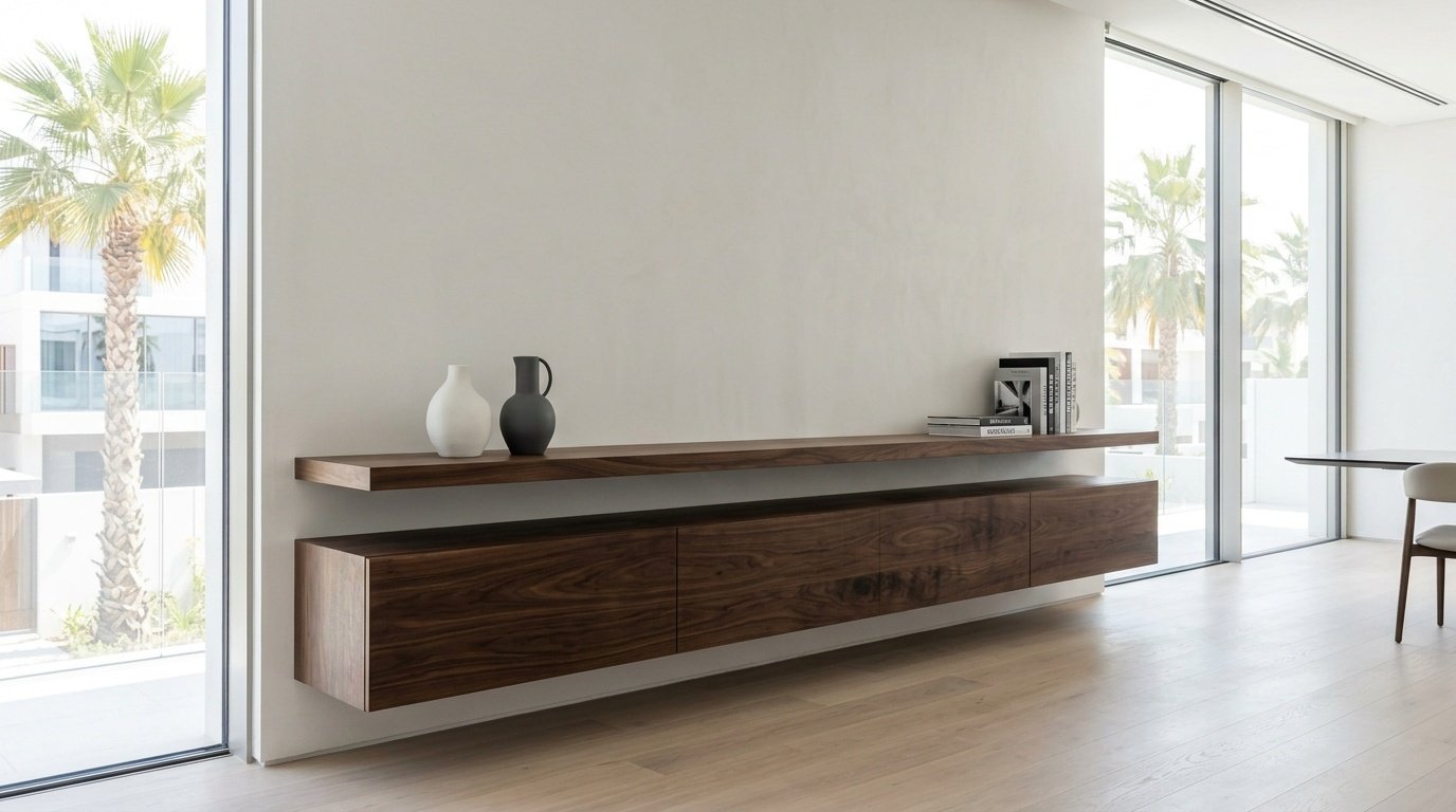 Minimalist floating black walnut dining cabinet, Umm Suqeim.