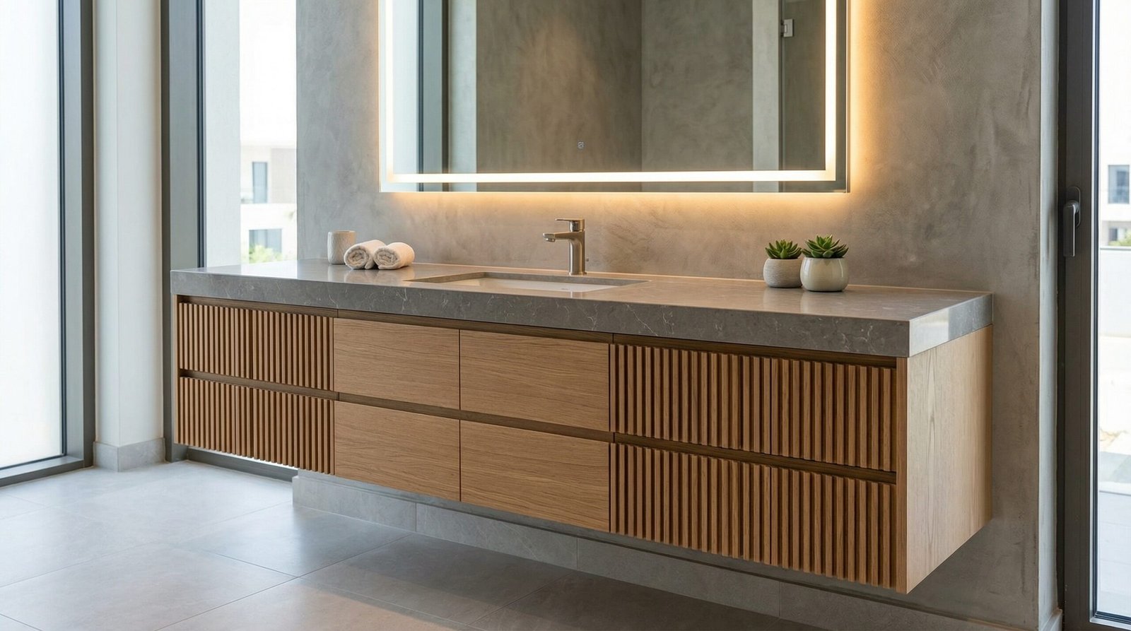 Contemporary floating vanity with vertical wood slat details and stone counter, installed in Dubai Hills Estate.
