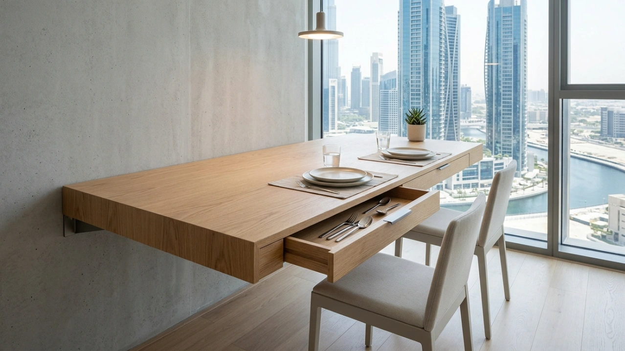 Space-saving wall-mounted dining table in light oak, custom Karnak project in Business Bay.