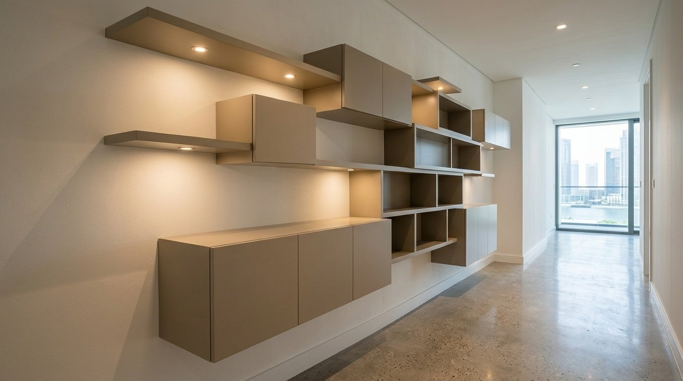 Custom floating wall shelving system in greige lacquer with integrated spotlights in Dubai Creek Harbour apartment