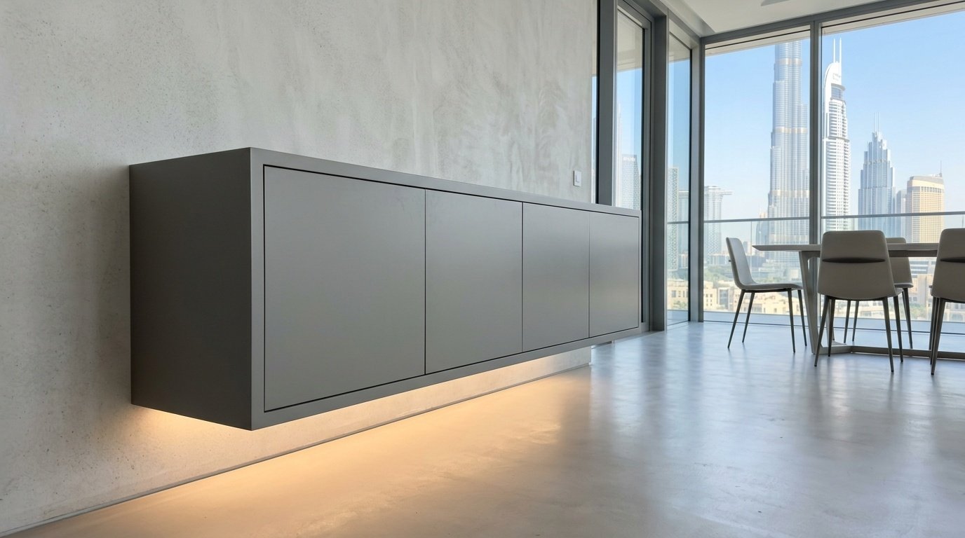Floating Matte Grey Custom Dining Sideboard Wall Mounted In Downtown Dubai.