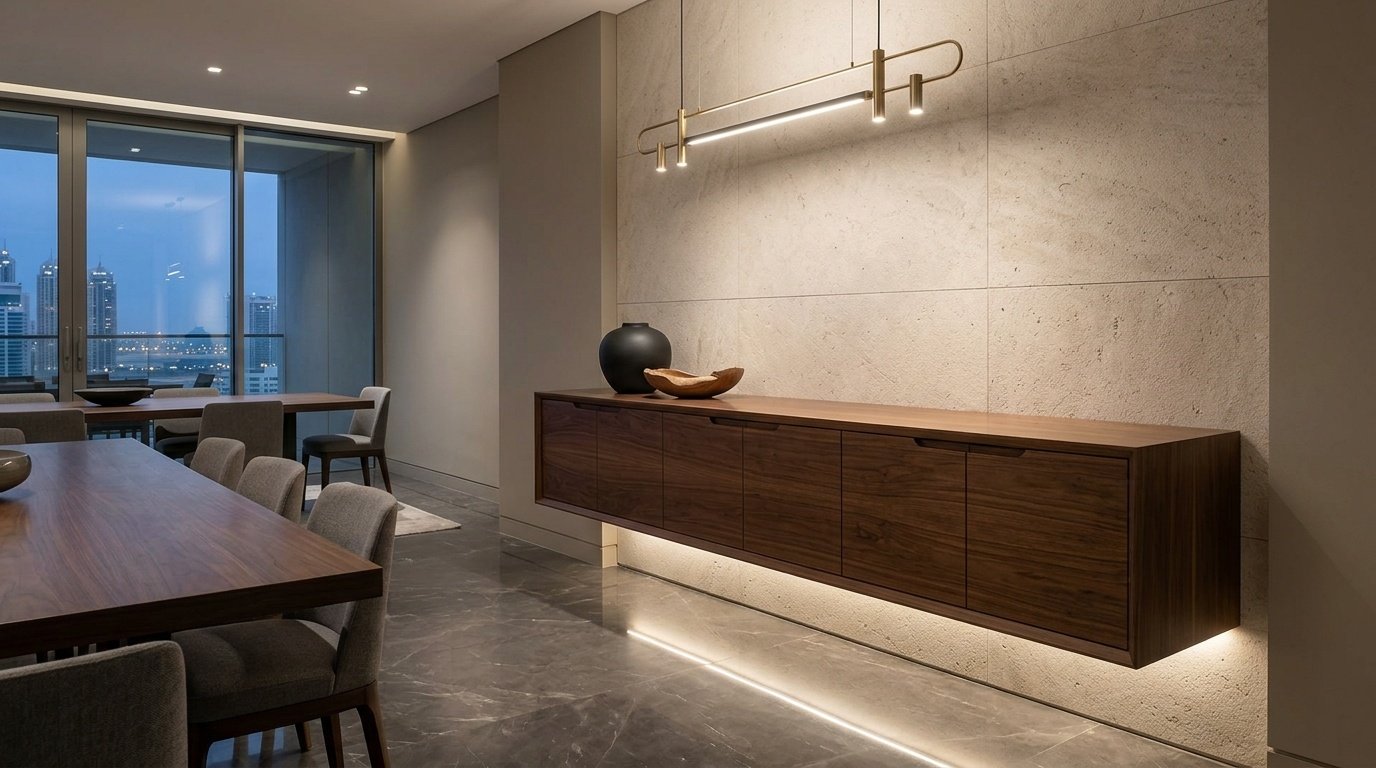 Floating Walnut Built In Sideboard Permanently Anchored To A Stone Wall.