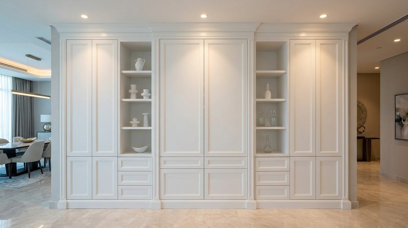 Complete Floor To Ceiling White Built In Dining Cabinet Spanning An Entire Wall.