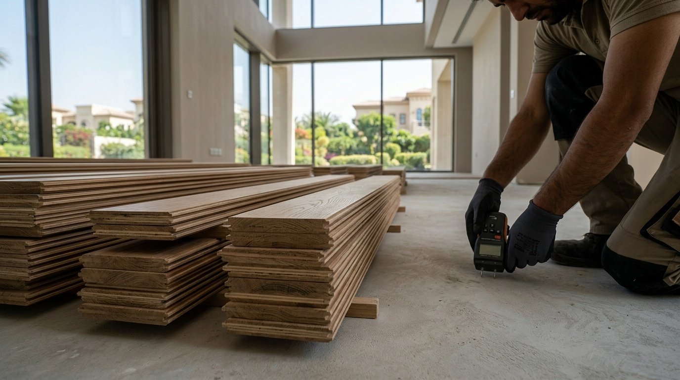 Stacks of acclimatizing wood planks and a technician checking subfloor moisture in an Emirates Hills villa.