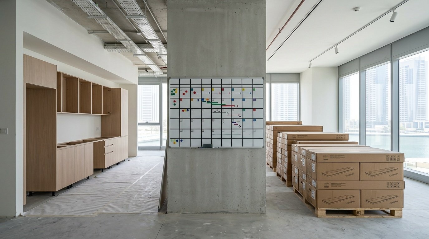 Stacks of flooring boxes and a scheduling board in a controlled site environment ready for installation.