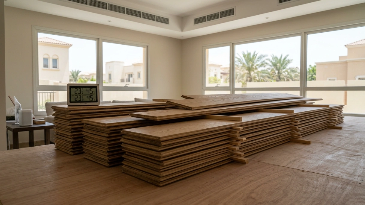 Stacked bundles of oak flooring acclimatizing in an air-conditioned Dubai residential space.