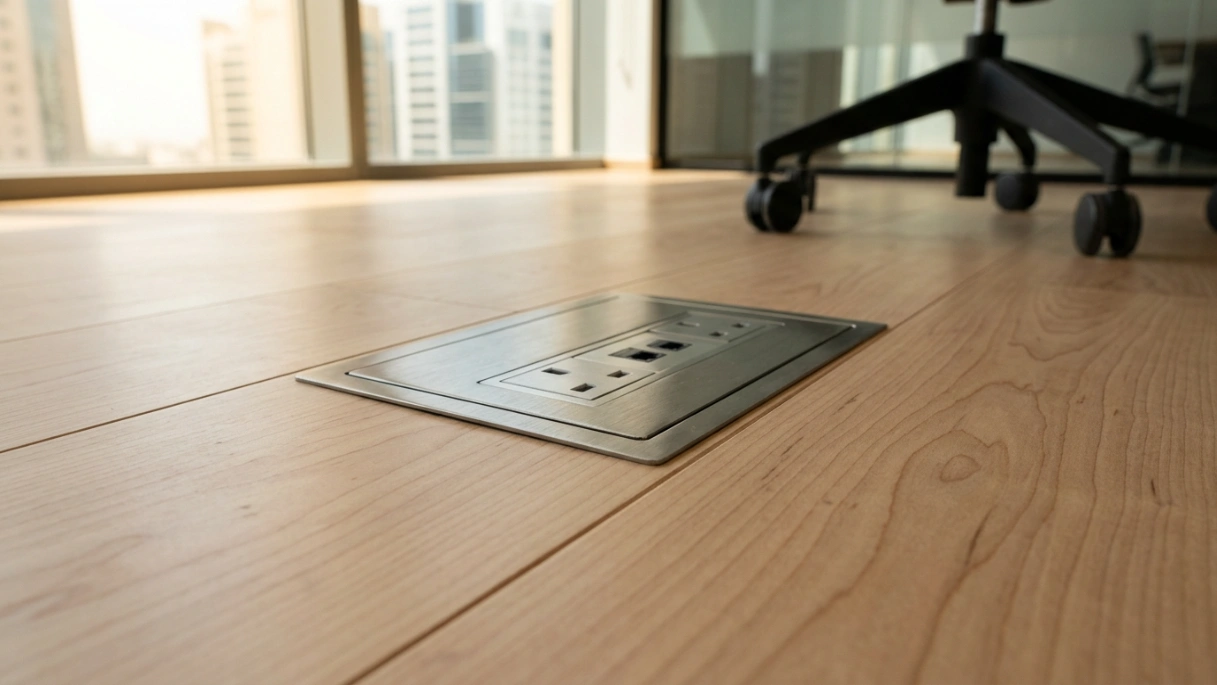 Detailed view of flush-mounted power socket in maple wood flooring installed in a Dubai Internet City conference room by Karnak Carpentry.