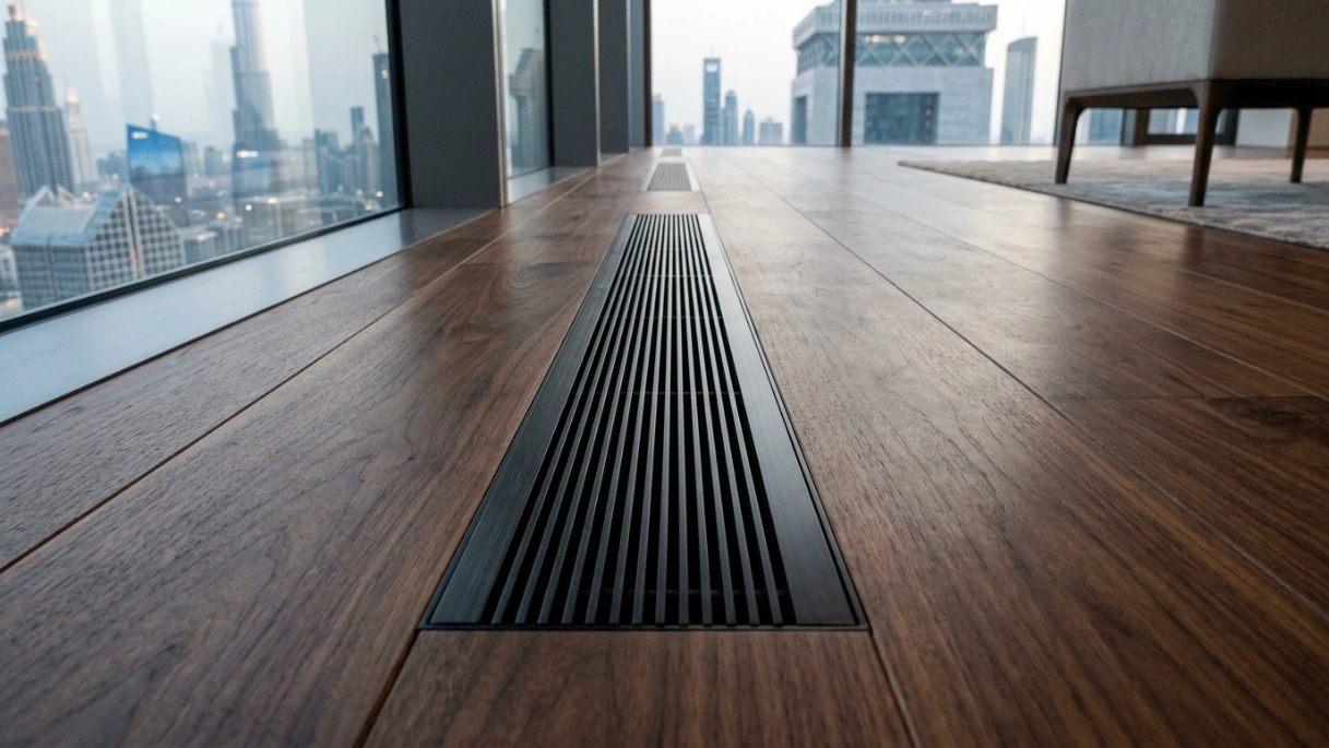 Detailed integration of minimalist flush linear HVAC grilles into custom walnut plank flooring in a DIFC penthouse by Karnak Carpentry.