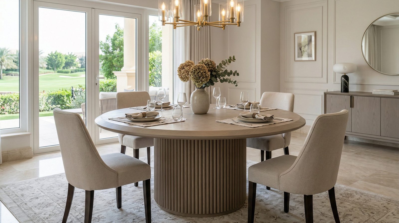 Elegant round dining table with a fluted wood base, custom carpentry by Karnak in Jumeirah Golf Estates.