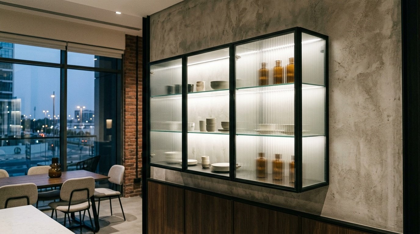 Modern fluted glass and black frame dining cabinet, City Walk Dubai.