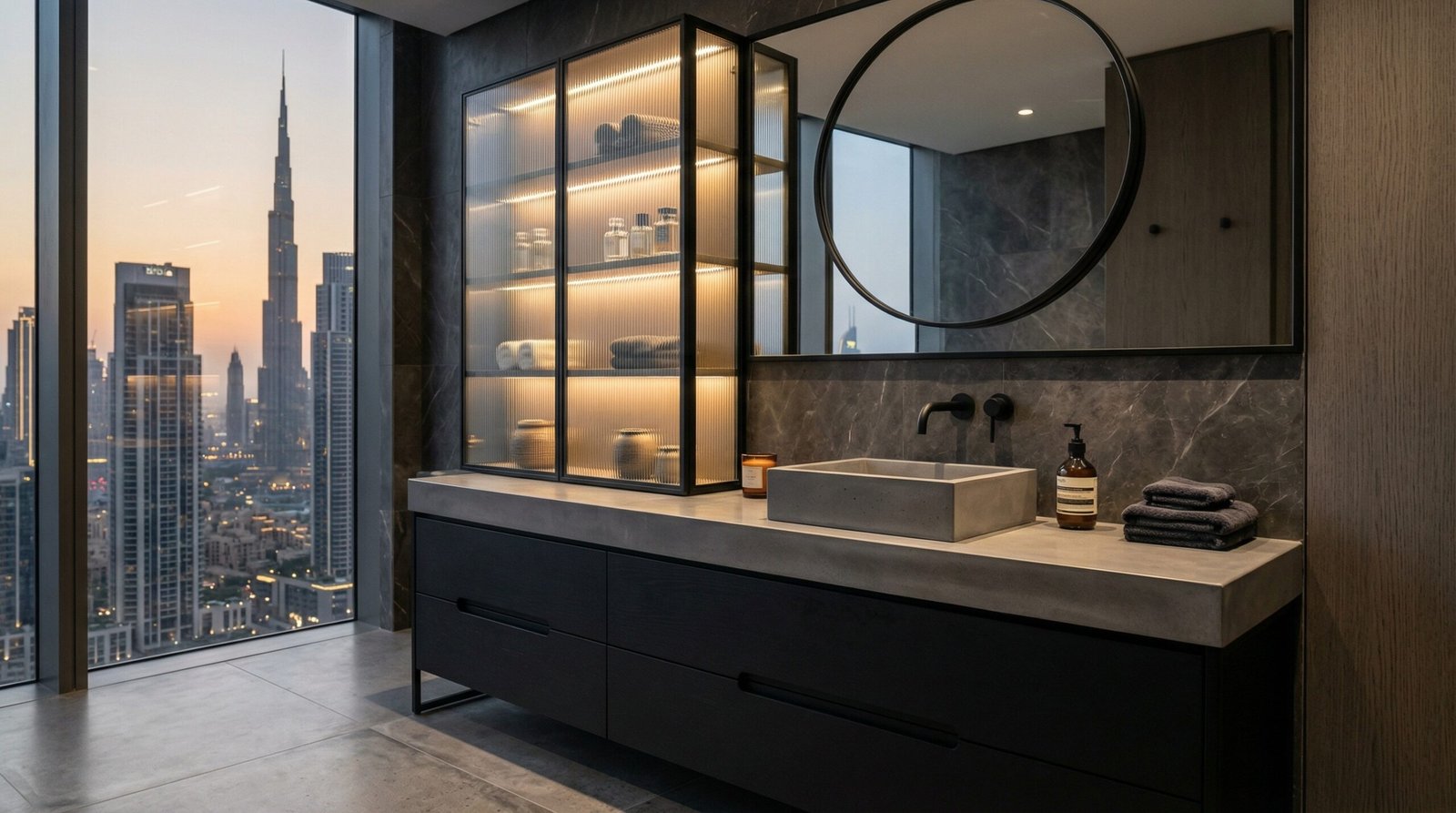Modern bathroom vanity featuring fluted glass cabinet doors and internal lighting, Downtown Dubai apartment.