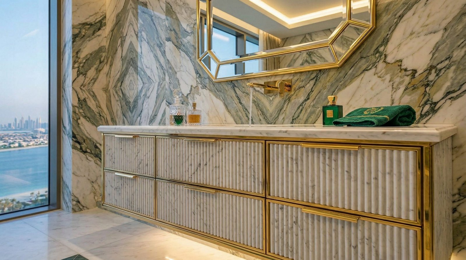 Ultra-luxury bathroom vanity with fluted marble drawer fronts and gold trim, custom work at Emerald Palace, Palm Jumeirah.