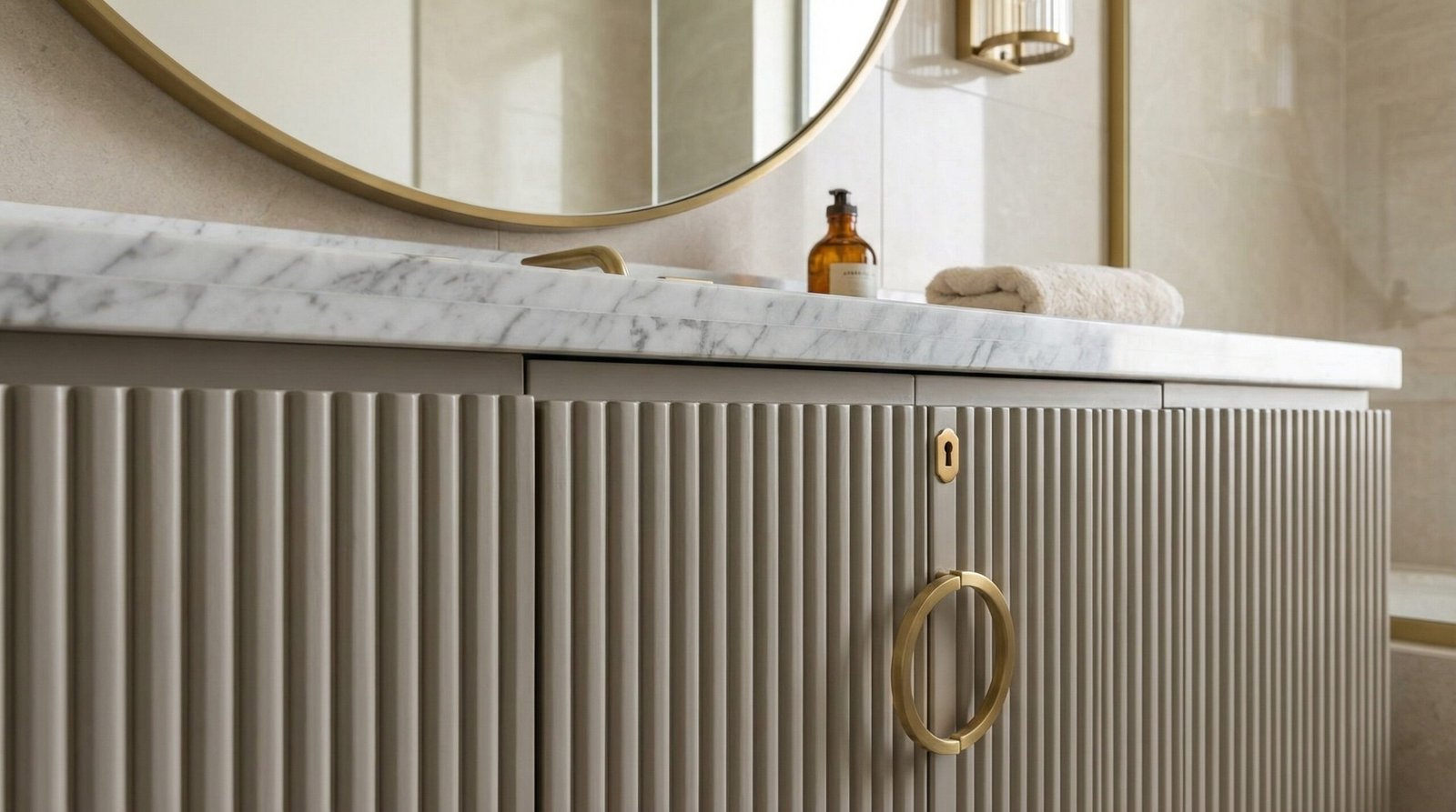 Elegant fluted wood bathroom vanity with marble top, custom carpentry work in a Dubai Hills Estate residence.