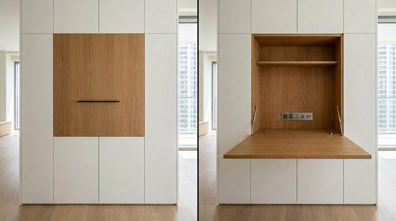 Custom built-in fold-out home office nook in oak veneer and white lacquer in Downtown Dubai small apartment