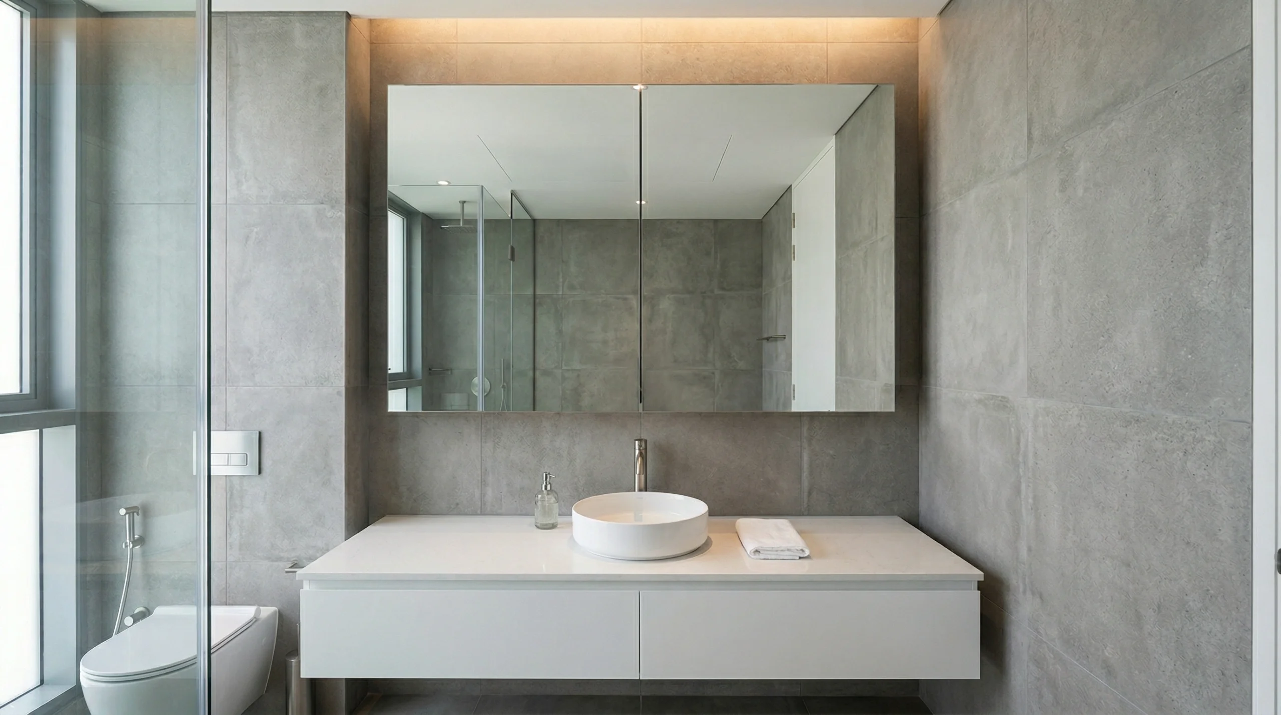 Frameless contemporary double-door mirror cabinet with zero-frame polished edges installed in Dubai apartment bathroom with grey tiles