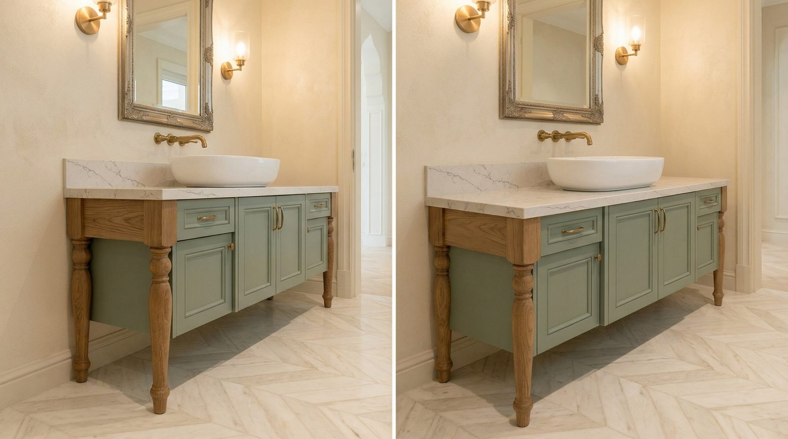 Freestanding furniture-style bathroom vanity in sage green with turned timber legs, vessel basin, and brass tapware in UAE villa