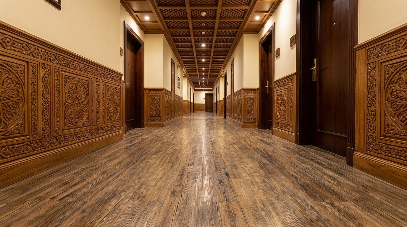 weathered teak wood-look LVT flooring in a Fujairah hotel guest corridor near carved traditional joinery.