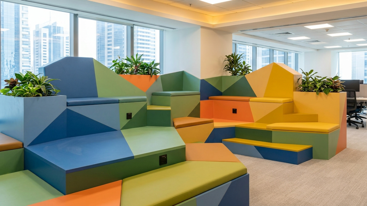 Custom geometric built-in seating clusters and planter boxes in a JLT office breakout area.