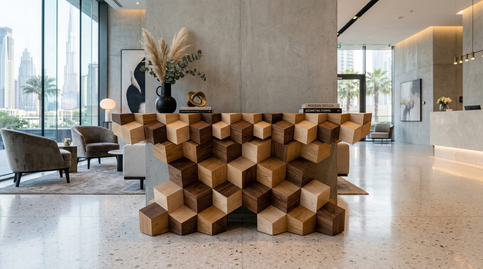 Artistic geometric cube multi-wood console table in a contemporary UAE lobby.