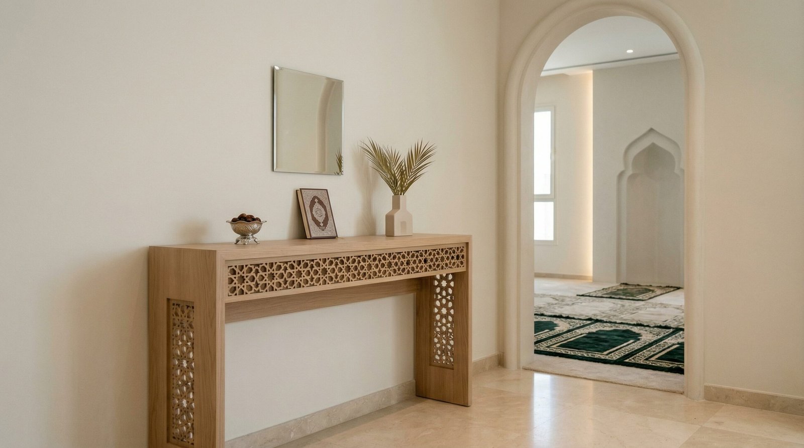 Custom light wood console table with geometric fretwork in an Abu Dhabi prayer room.