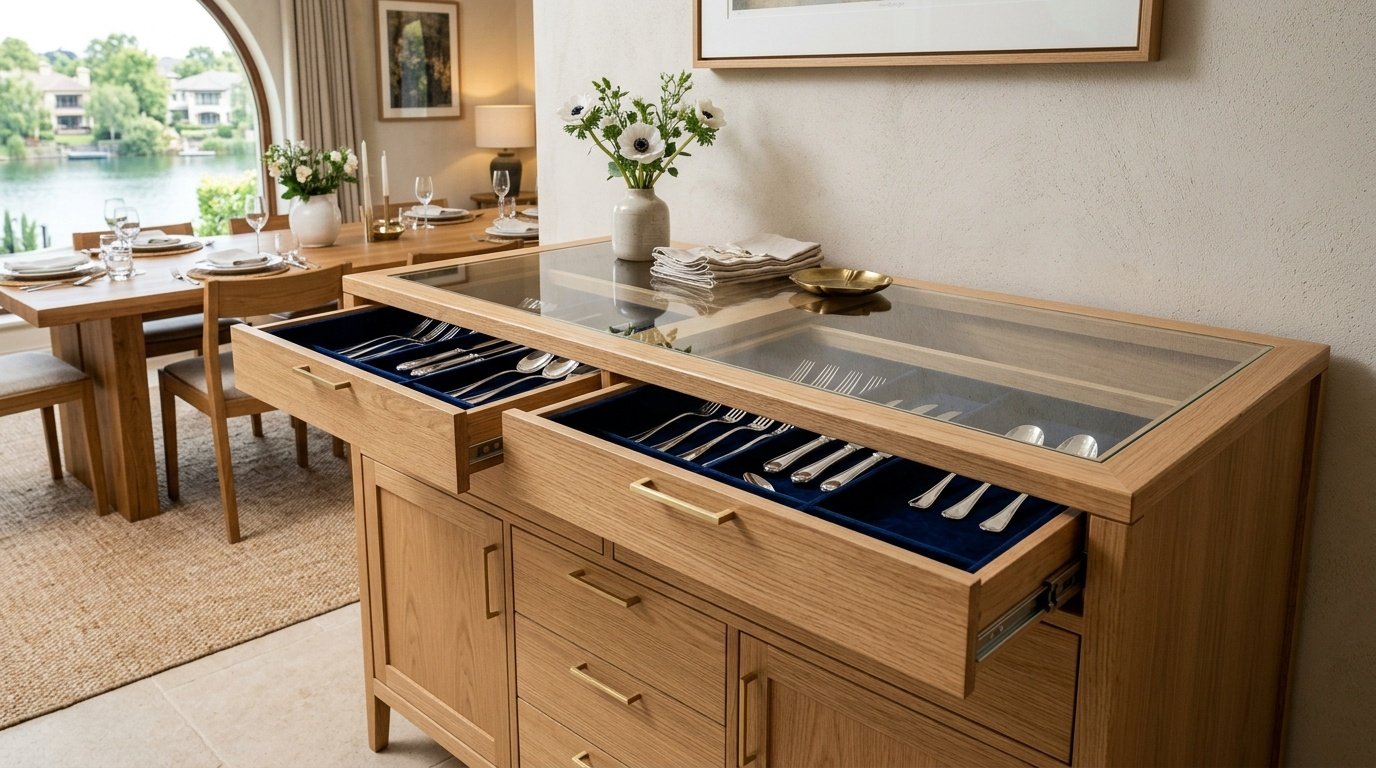 Custom dining sideboard with glass top and cutlery display, The Lakes.