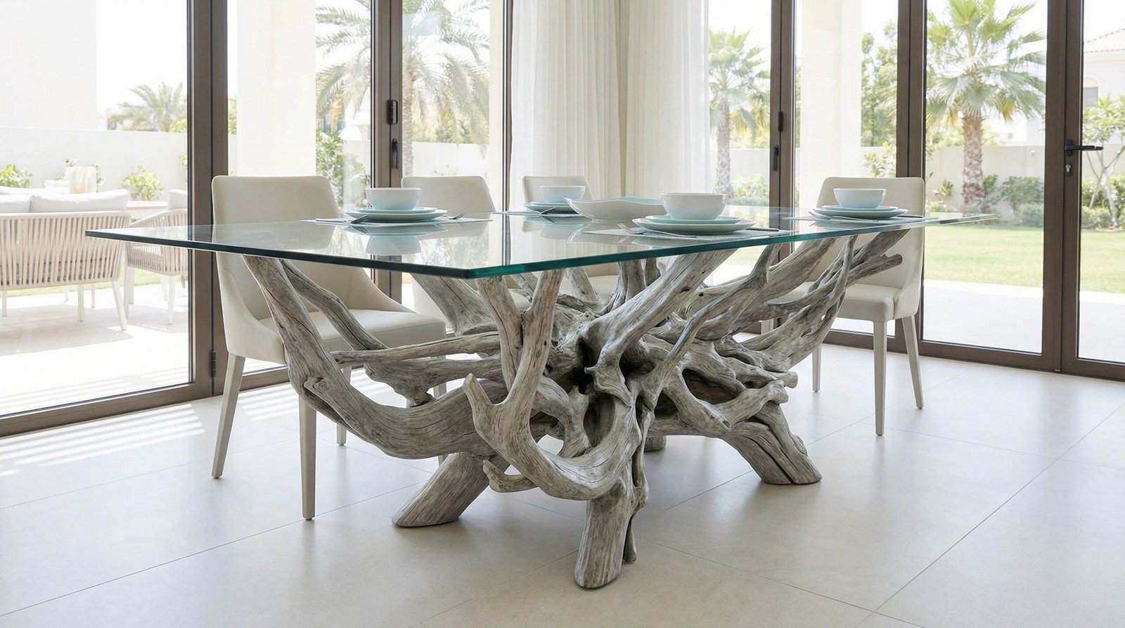 Unique dining table with a driftwood-style base and glass top, custom Karnak project in Jumeirah Park.
