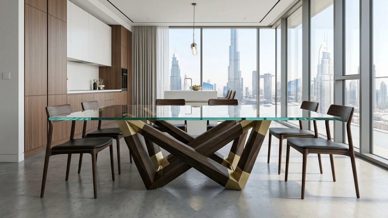 Modern custom dining table with a glass top and sculptural oak and brass base, installed in Downtown Dubai.