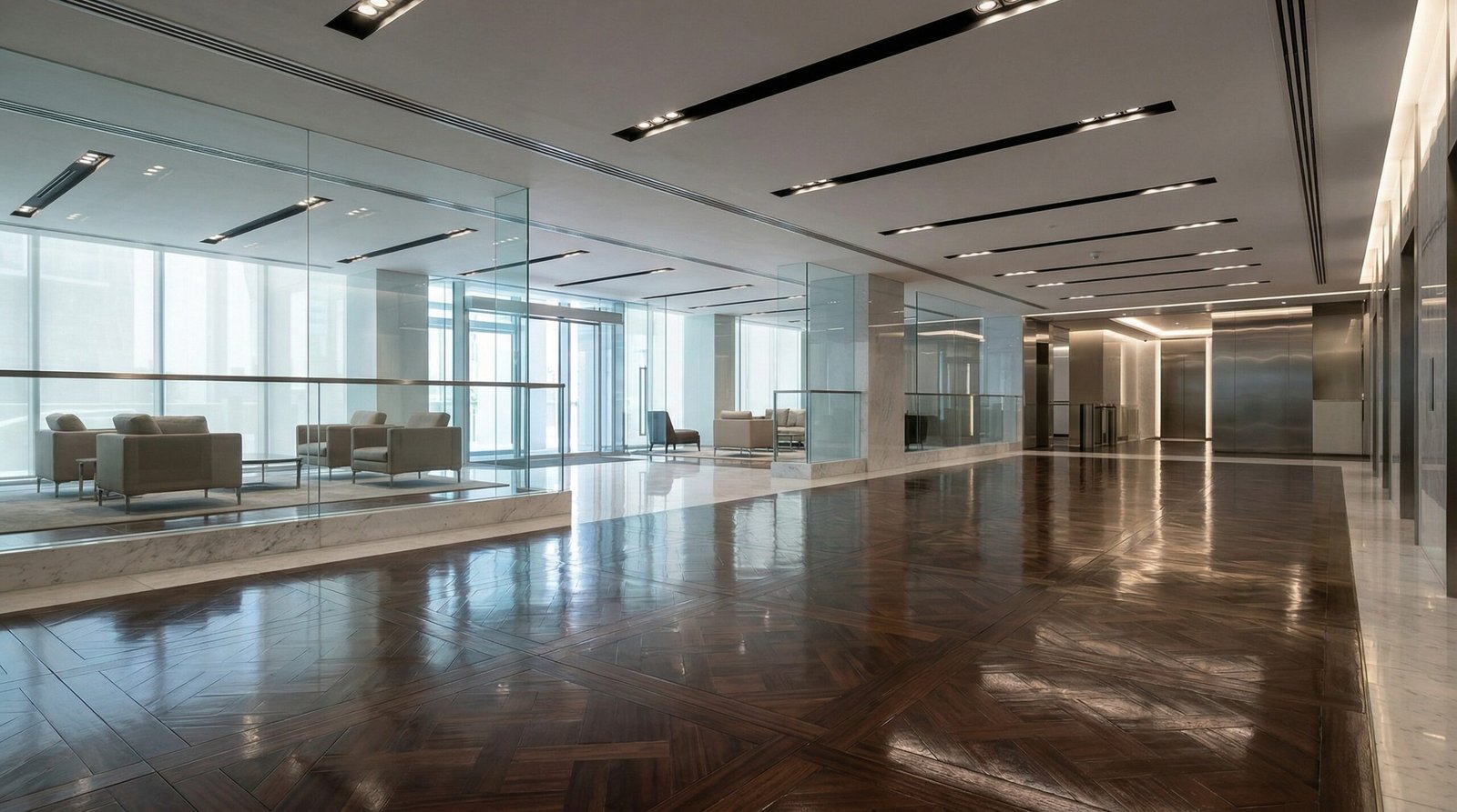 High-gloss mahogany Versailles pattern parquet flooring in a DIFC office lobby