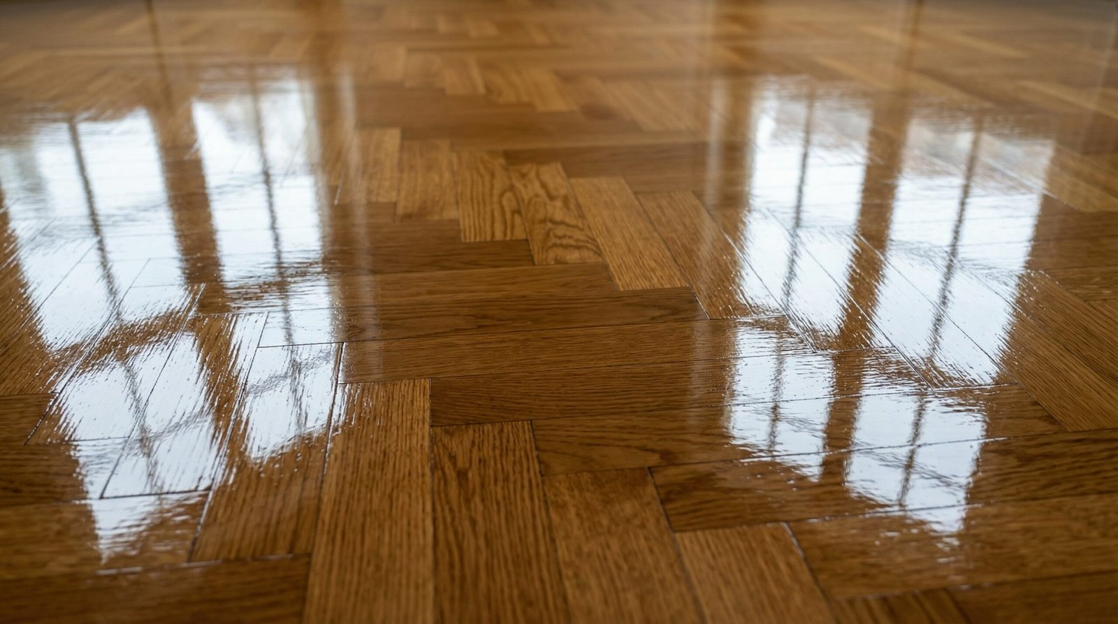 Extreme close-up of a high-gloss lacquer finish on a restored herringbone parquet floor.