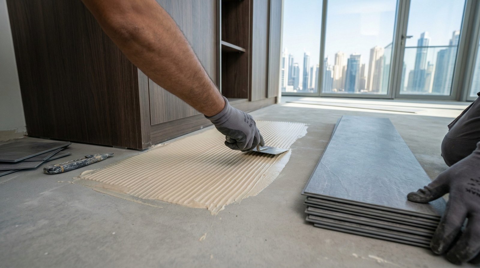 Professional glue-down LVT flooring installation in a Dubai Marina penthouse by Karnak Carpentry.