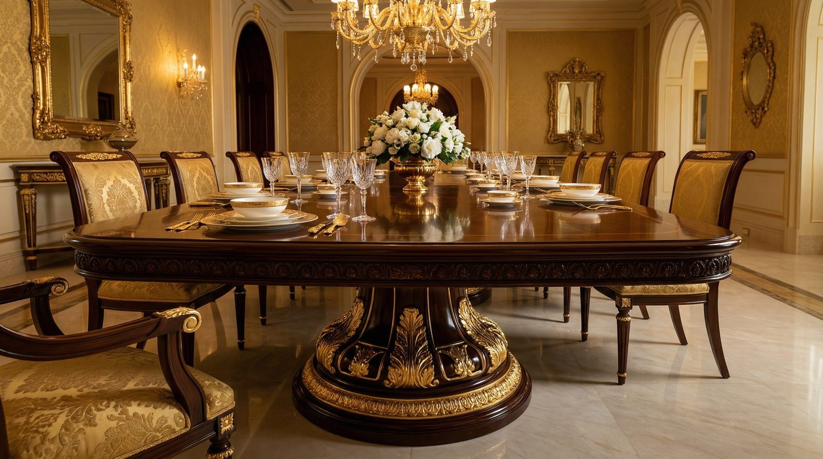 Bespoke luxury dining table with gold leaf accents on the base, Karnak Carpentry project in Zabeel.