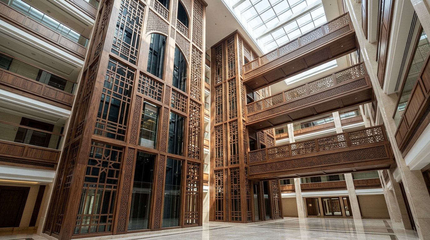 Large-scale decorative wooden lattice screens in a luxury hotel atrium by Karnak Carpentry.