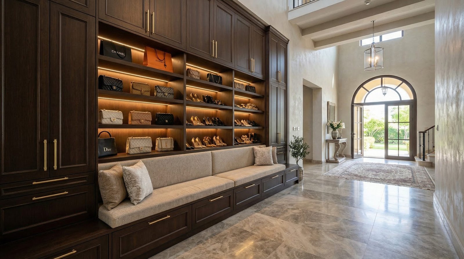 Grand double-height fitted shoe and bag storage wall in espresso wood veneer with brass handles in Damac Hills Dubai villa