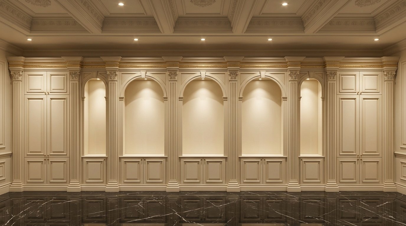 Symmetrical cream lacquer fitted display cabinetry with fluted pilasters and gold cornice in a UAE palace-style reception hall by Karnak Carpentry