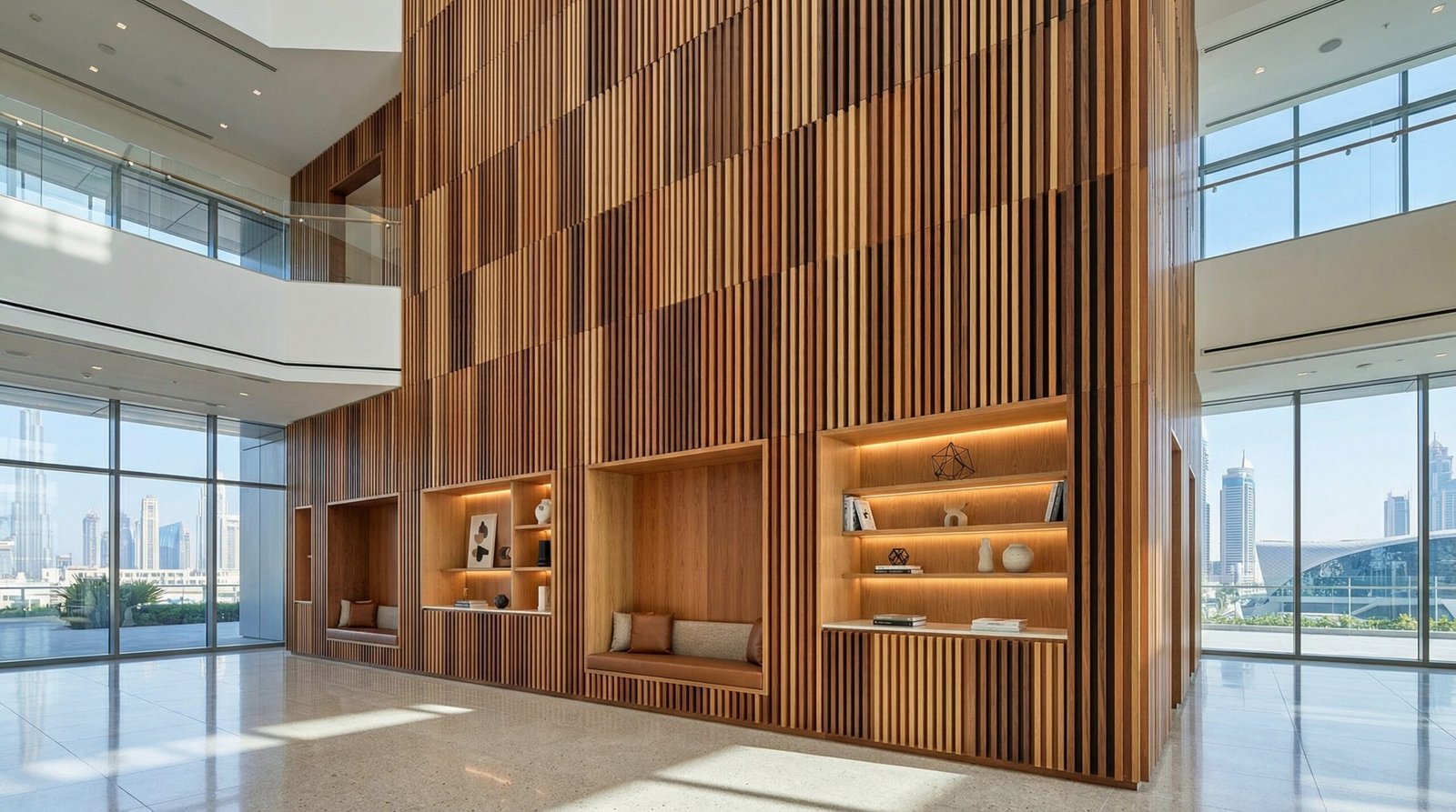 Massive floor-to-ceiling slatted wood wall feature in grand corporate office lobby by Karnak Carpentry.