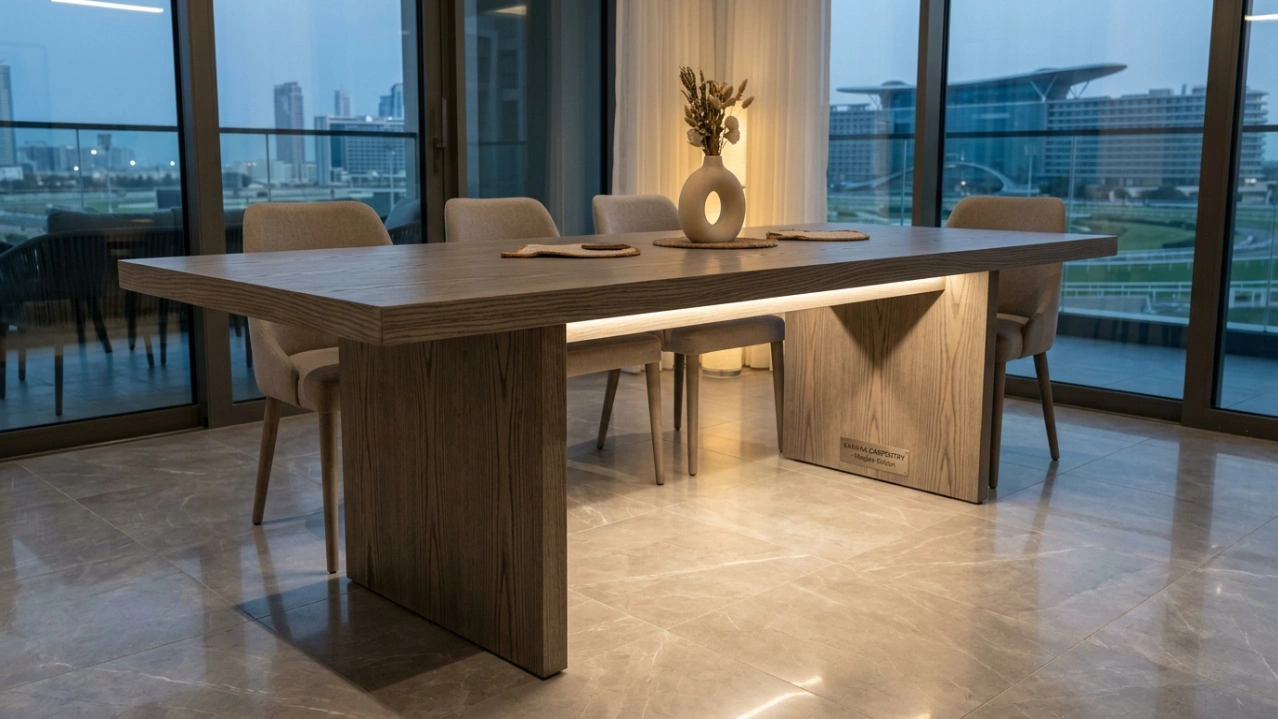 Modern dining table in grey ash wood veneer with integrated lighting, custom built by Karnak in Meydan.