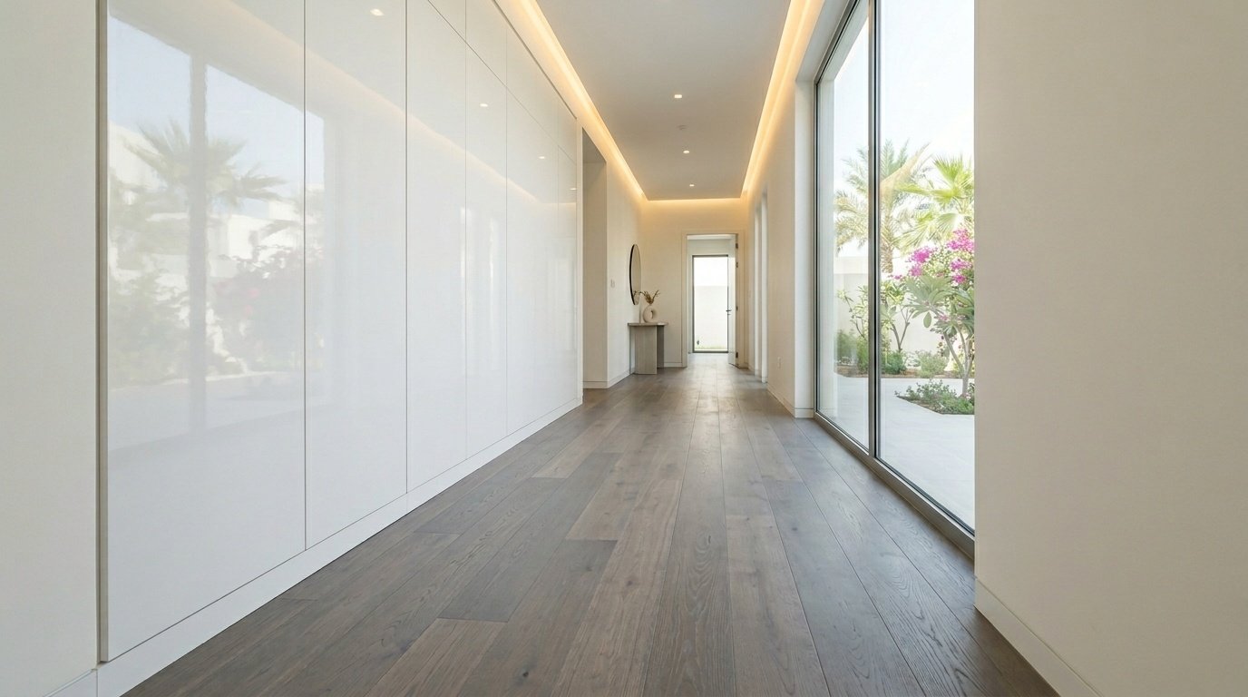 Grey-washed Oak flooring in a long RAK hallway with integrated cabinets.