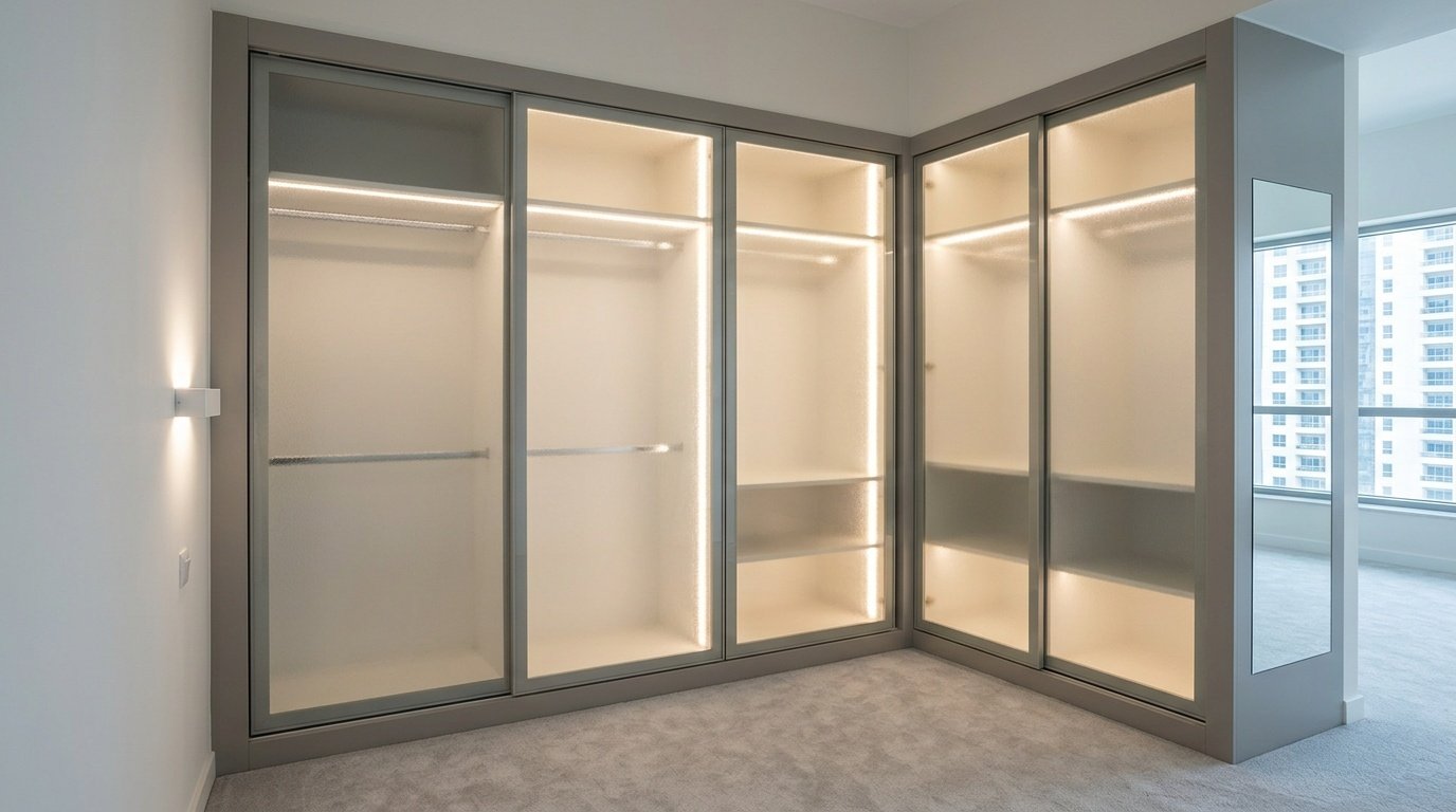 Fitted guest bedroom wardrobe with frosted glass sliding doors and LED strip lighting in JLT Dubai apartment