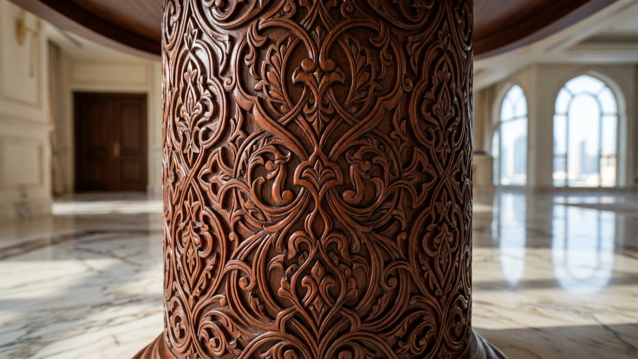 Intricate hand-carved detail on the mahogany support column of a custom dining table, Dubai.