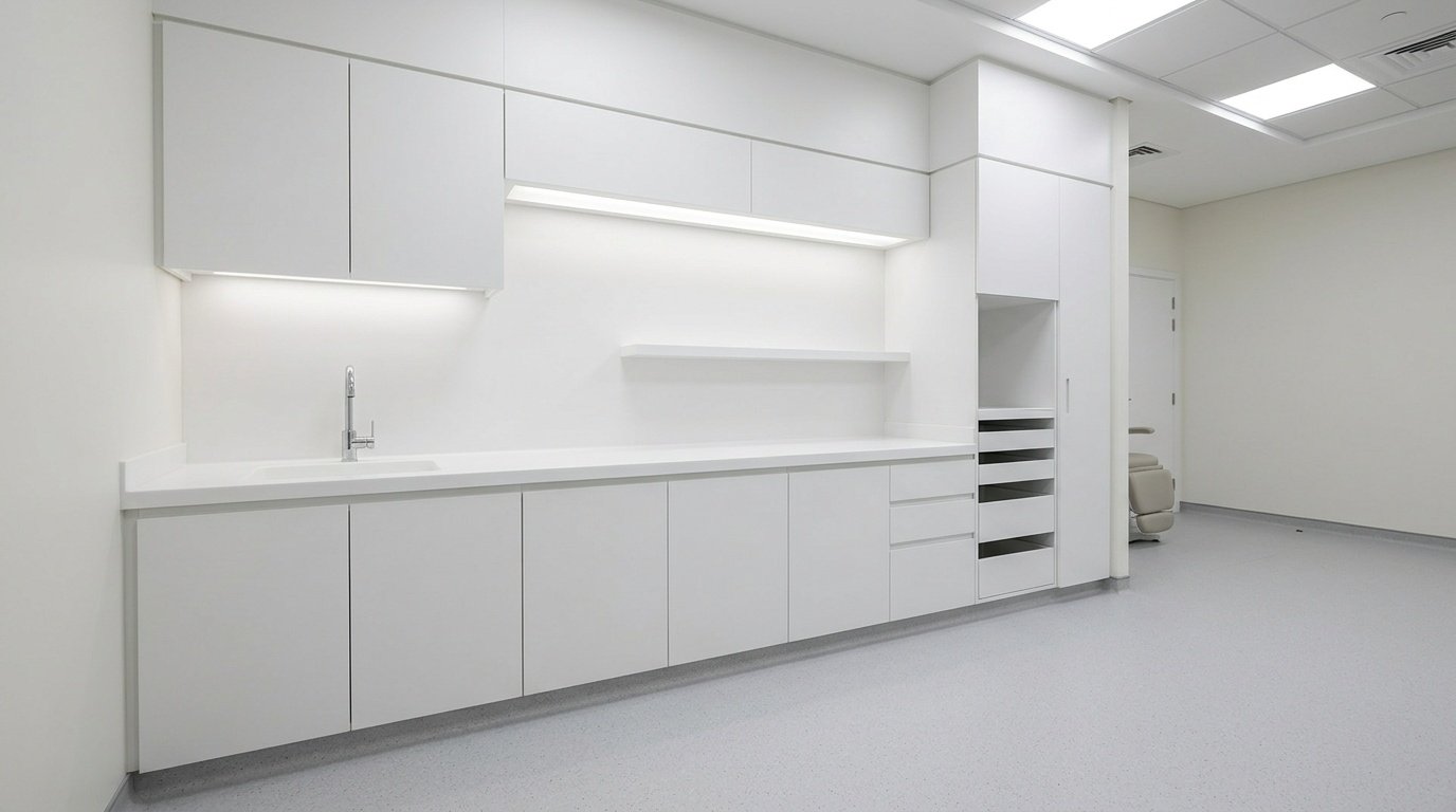 Purpose-built glacier white clinical cabinetry with integrated sink bay and examination light pelmet in a Dubai Healthcare City clinic by Karnak Carpentry