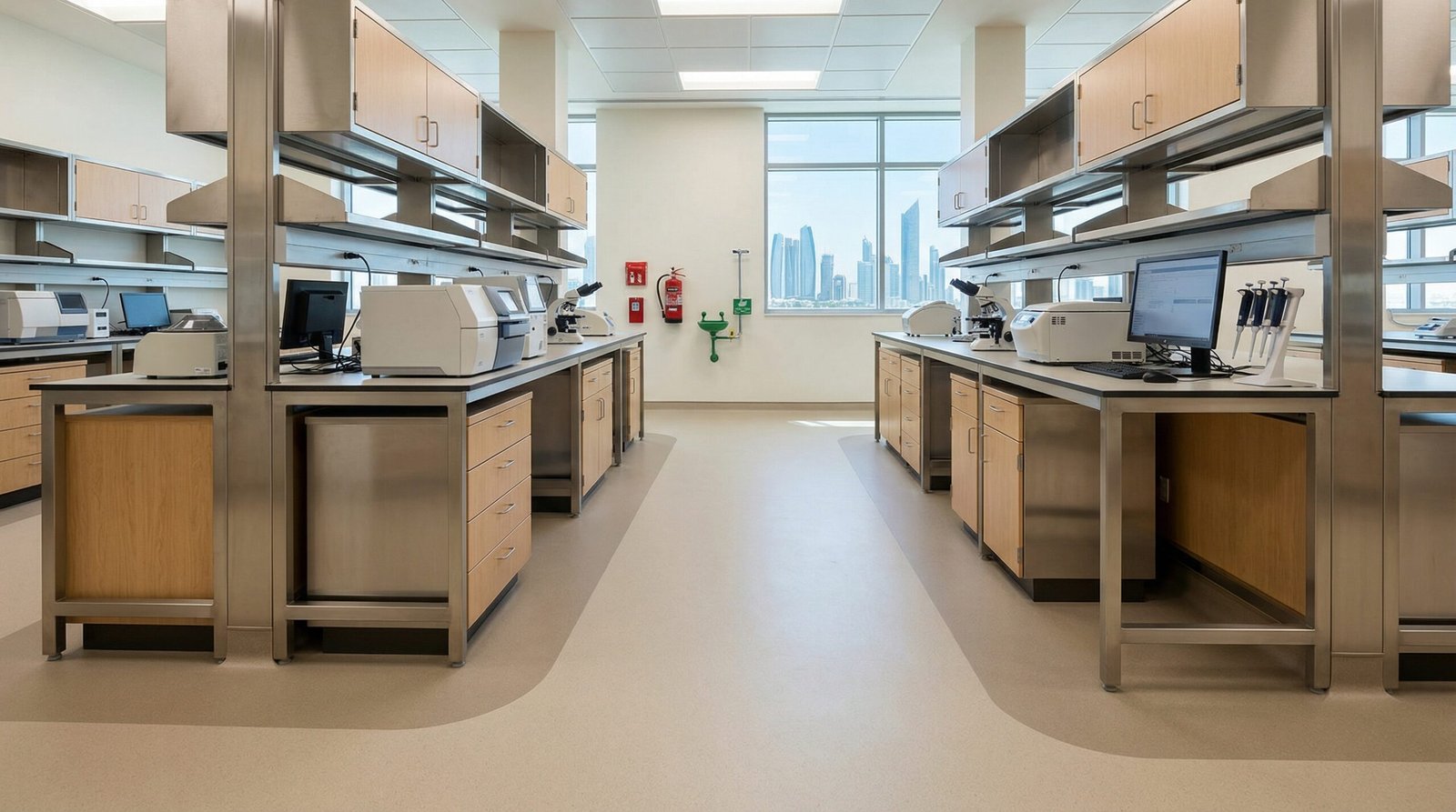 Chemical-resistant LVT flooring in an Abu Dhabi healthcare facility.