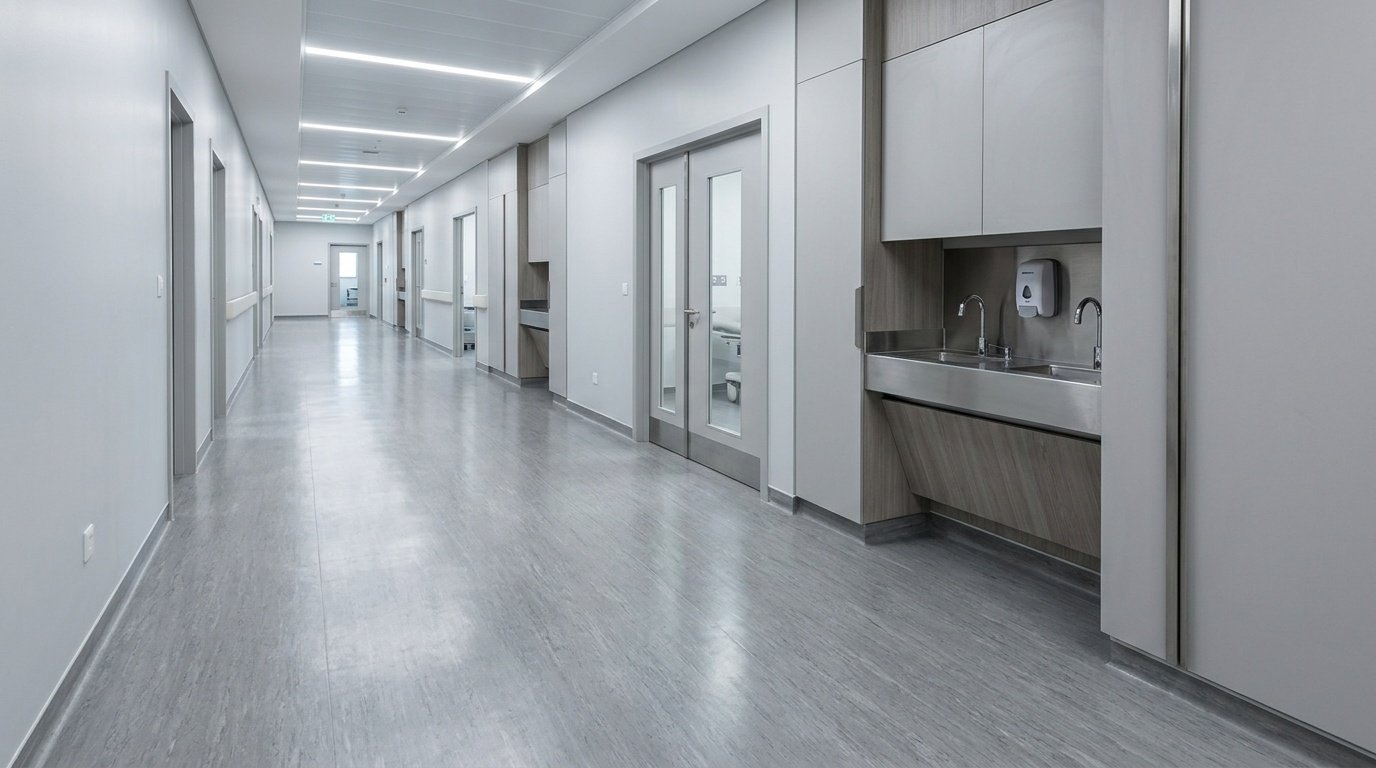 Seam-free hygienic grey stone-effect vinyl flooring in an Abu Dhabi healthcare facility hallway with cabinetry.