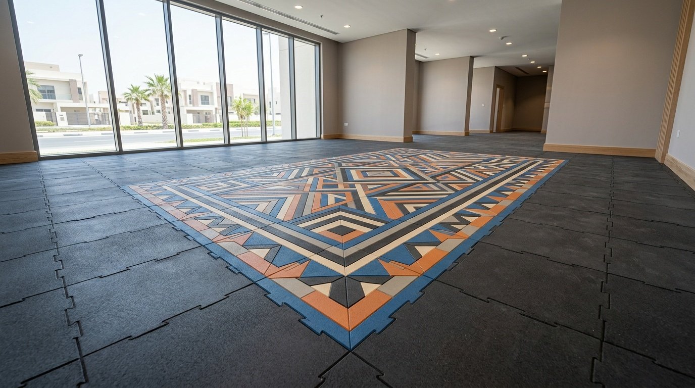 Heavy-duty rubber gym flooring with custom geometric inlay design in Ajman.