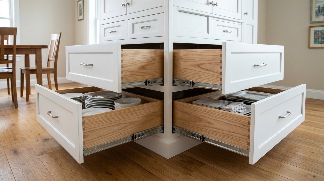 Heavy Duty Extended Drawers On An Ash Wood Custom Built Dining Cabinet.